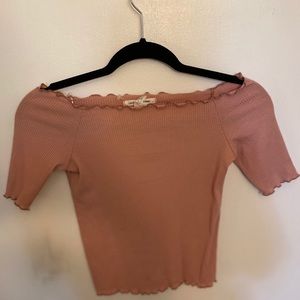 Over the shoulder crop ruffle pink shirt